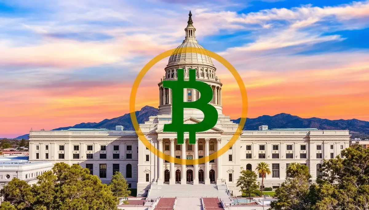 アリゾナ州議会議事堂と拒否権のスタンプが押されたビットコインのシンボル