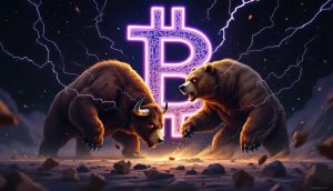 ビットコインのシンボルを挟んで対峙する雄牛と熊のスタイリッシュなイラスト