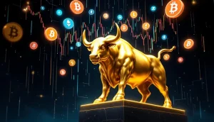 上昇する仮想通貨市場と強気相場を表現する金色の雄牛のイメージ