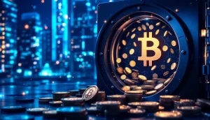 仮想通貨ビットコインを保管する企業の金庫と都市の背景