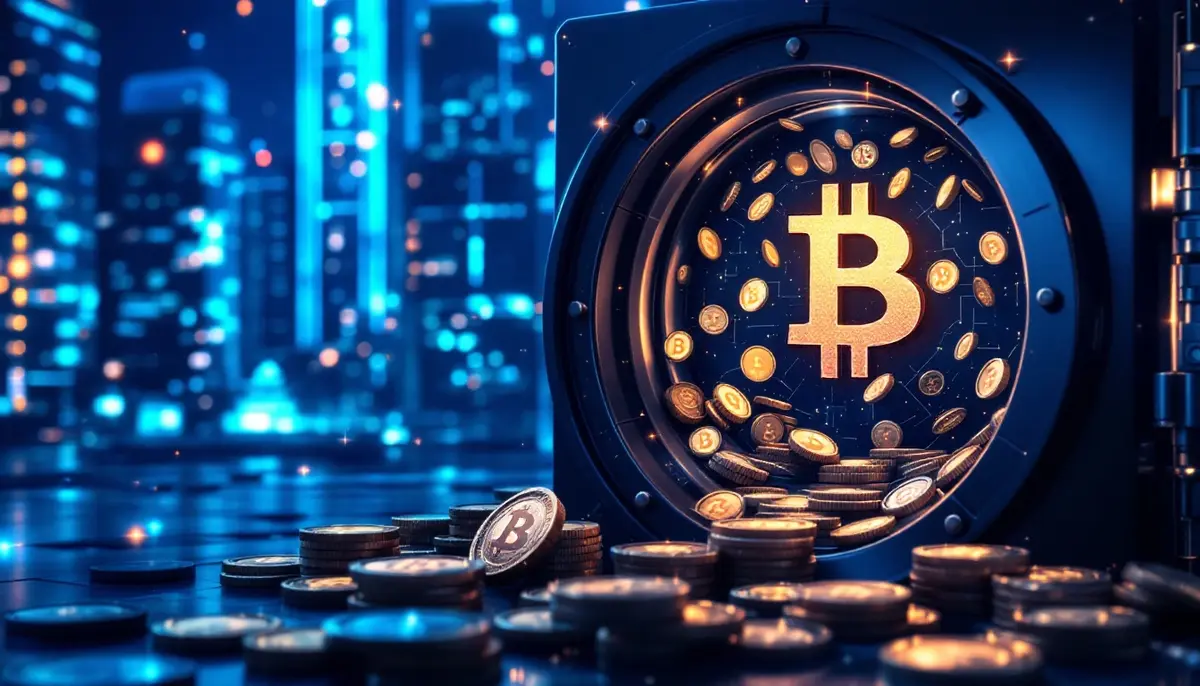 仮想通貨ビットコインを保管する企業の金庫と都市の背景