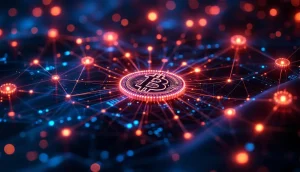 ビットコインと分散型金融（DeFi）の接続を示す抽象的なネットワーク図