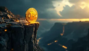 高いデジタル崖の縁に立つビットコインのコイン