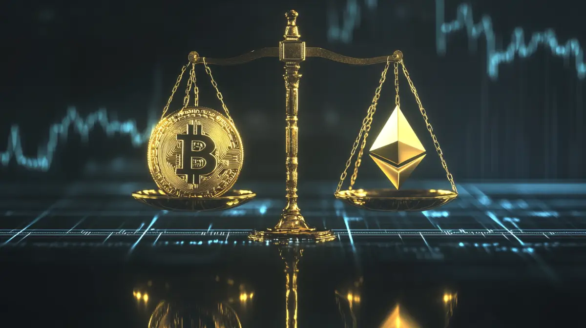 ビットコインとイーサリアムのコインが金色の天秤の上で比較されている画像、背景には青いチャートが表示されている