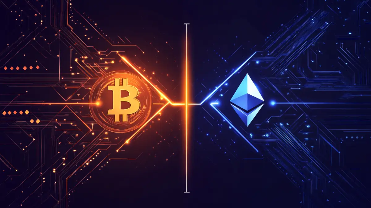 ビットコインとイーサリアムのロゴが中央の光る線で結ばれており、背景には回路基板のようなデジタルパターンが描かれている