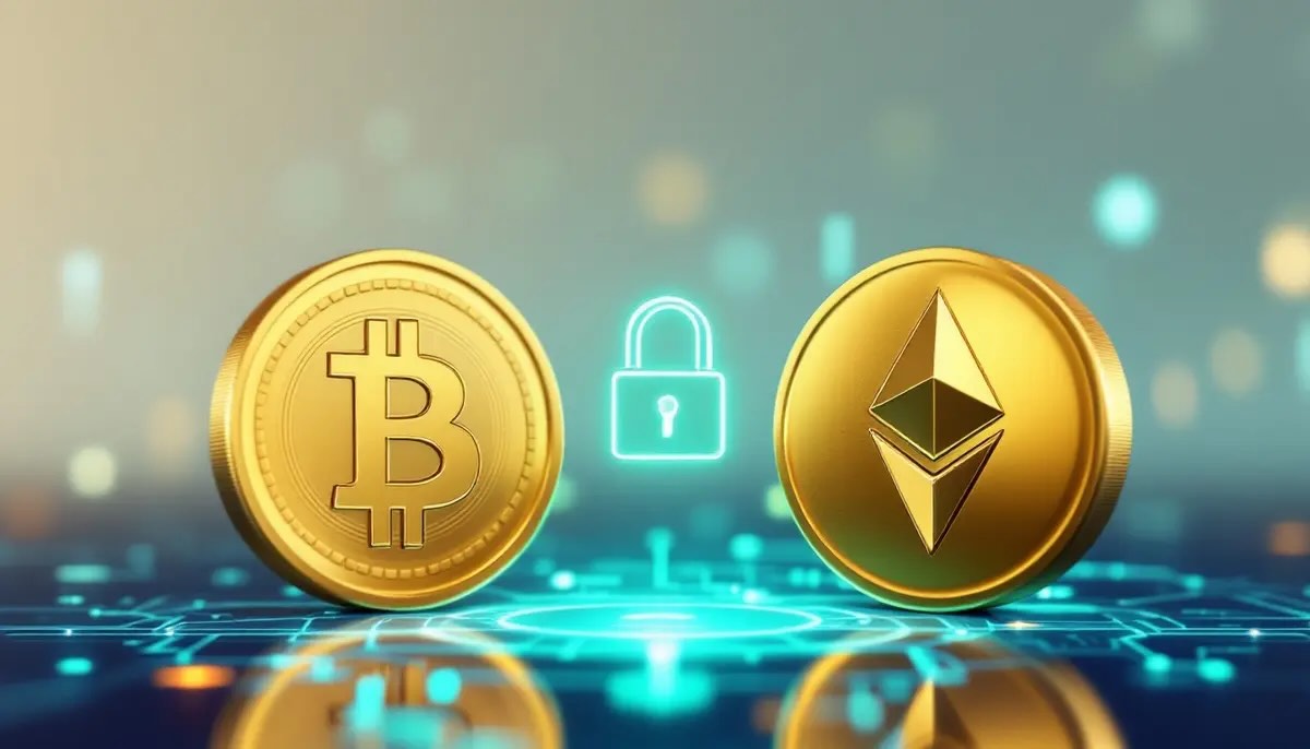 ビットコインとイーサリアムのコインがセキュリティロックの前で対峙しているイメージ