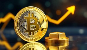 ビットコインと金塊が並ぶ背景に上昇する矢印が描かれたイメージ