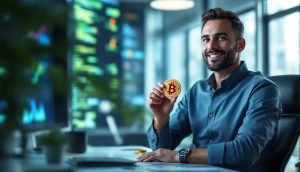 ビットコインを手にするビジネスリーダーと近未来的なオフィスの様子