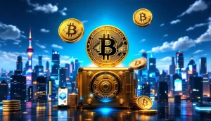 ビットコインと3つの新たなトークンが浮かぶ仮想通貨市場のイメージ