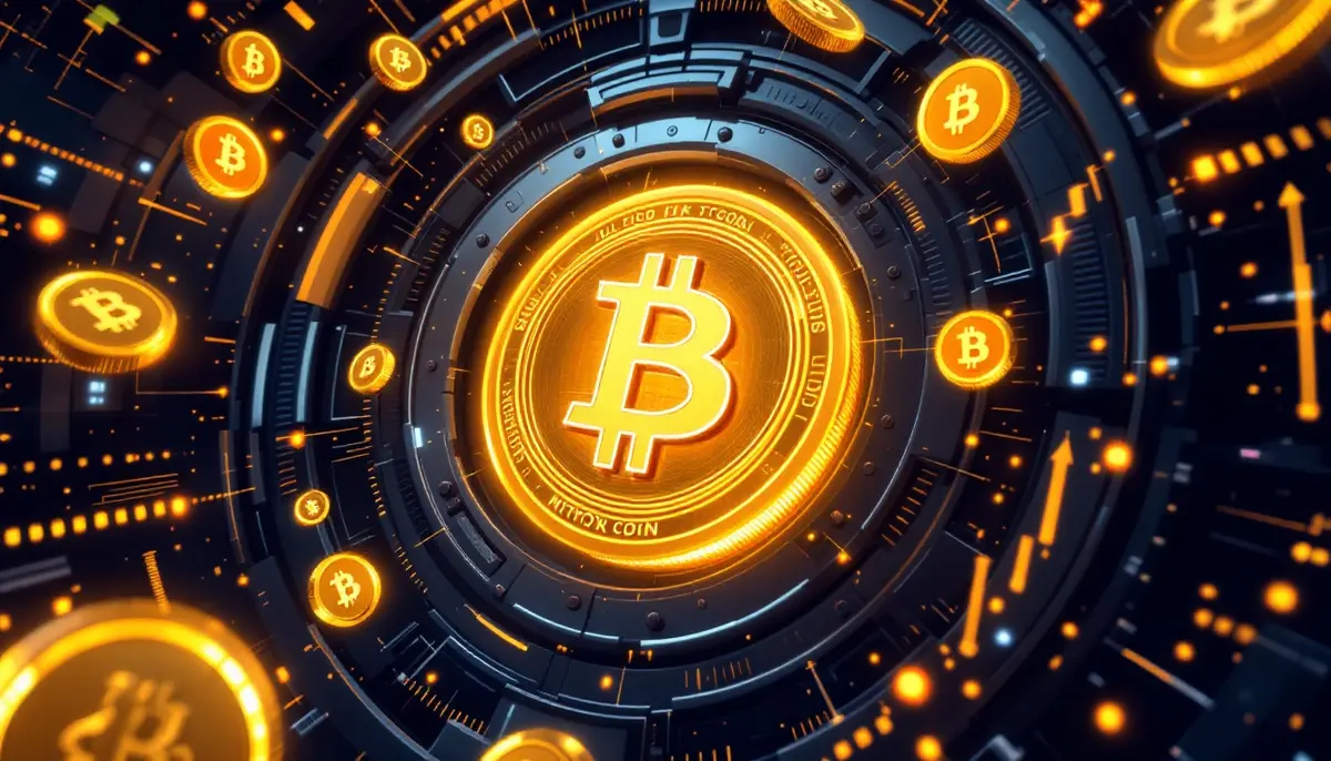 デジタル金庫の中に輝くビットコインと、周囲に浮かぶ複数のミームコインのアイコン