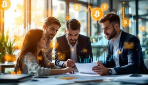 ビットコインと株のアイコンが浮かぶオフィスで金融アナリストがチャートを分析している様子