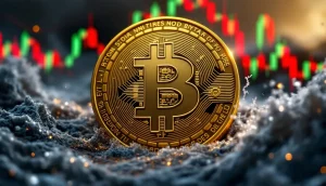 荒れ狂う金融チャートの中で安定して輝くビットコインを表すデジタルゴールドコイン