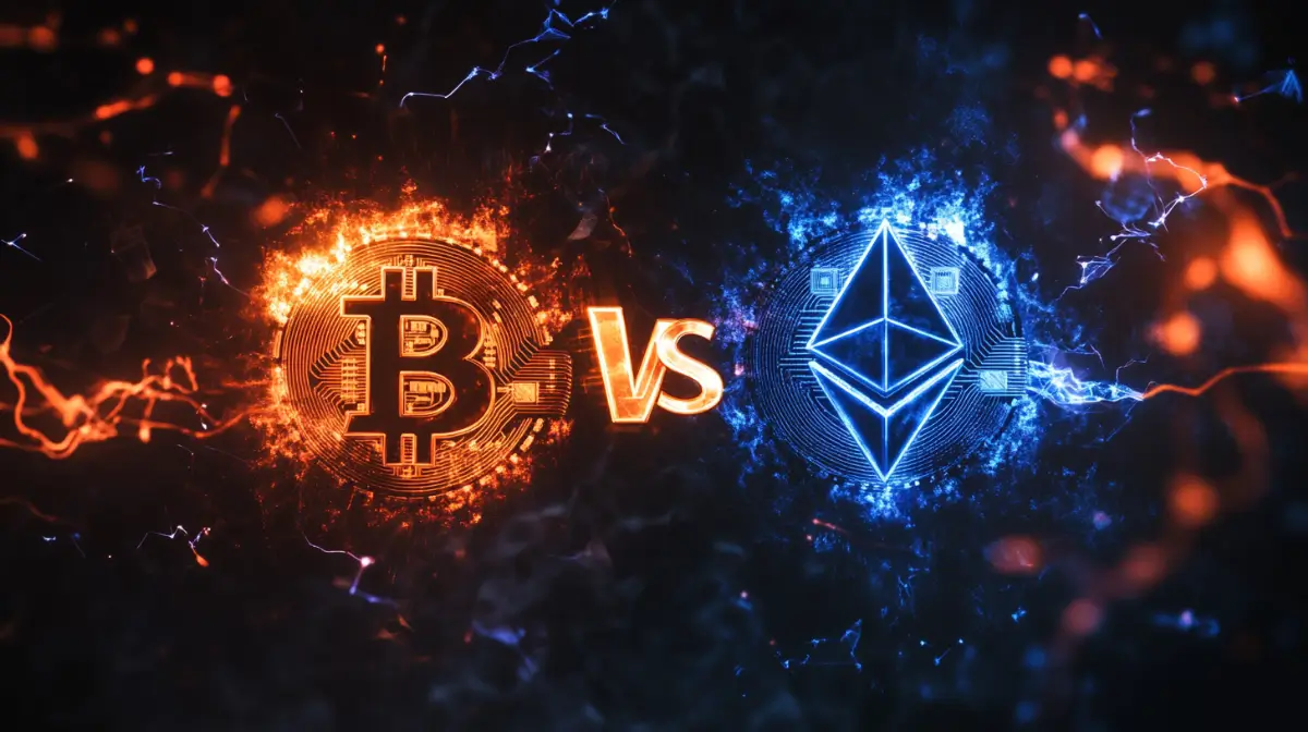 炎に包まれたビットコインと青い稲妻に包まれたイーサリアムが「VS」の文字を挟んで対戦している画像