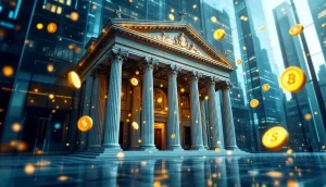 デジタル通貨のシンボルが浮かぶ現代的な証券取引所の環境