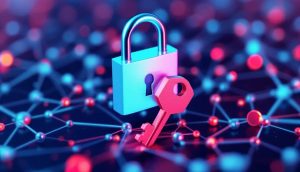 ブロックチェーンの安全性を象徴するデジタル錠と鍵のイメージ