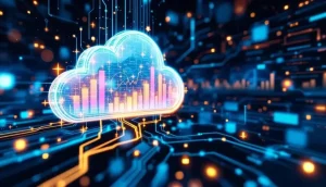 ブロックチェーンノードと分析ダッシュボードがクラウド上で接続されている未来的なイメージ