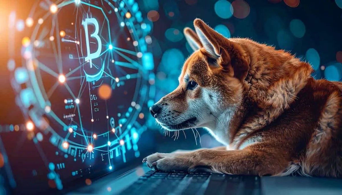 BONK仮想通貨とディスプレイを見る犬