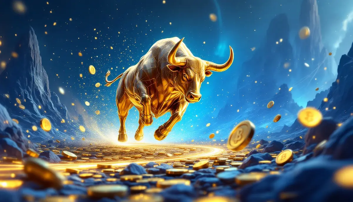 力強く前進するゴールデンブルが描かれた、近未来のブロックチェーン風仮想通貨のビジュアル