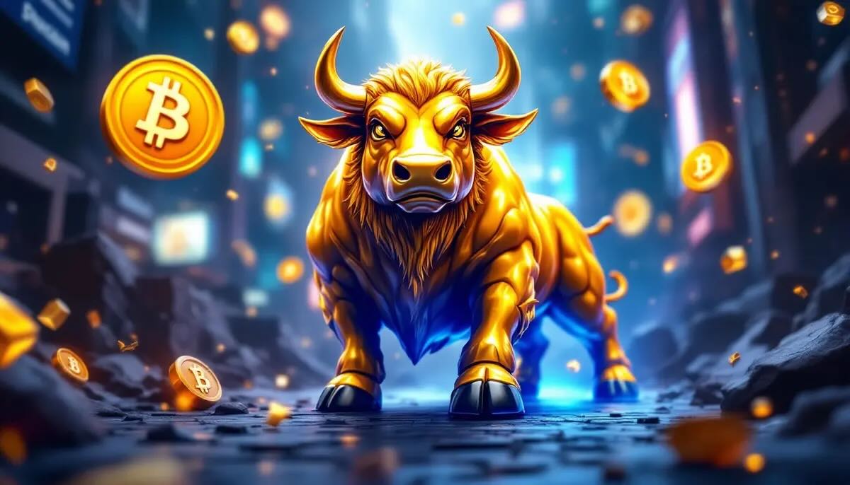 BTC Bull Tokenとブロックチェーン要素、金融の未来を象徴する黄金のブルのアイキャッチ画像