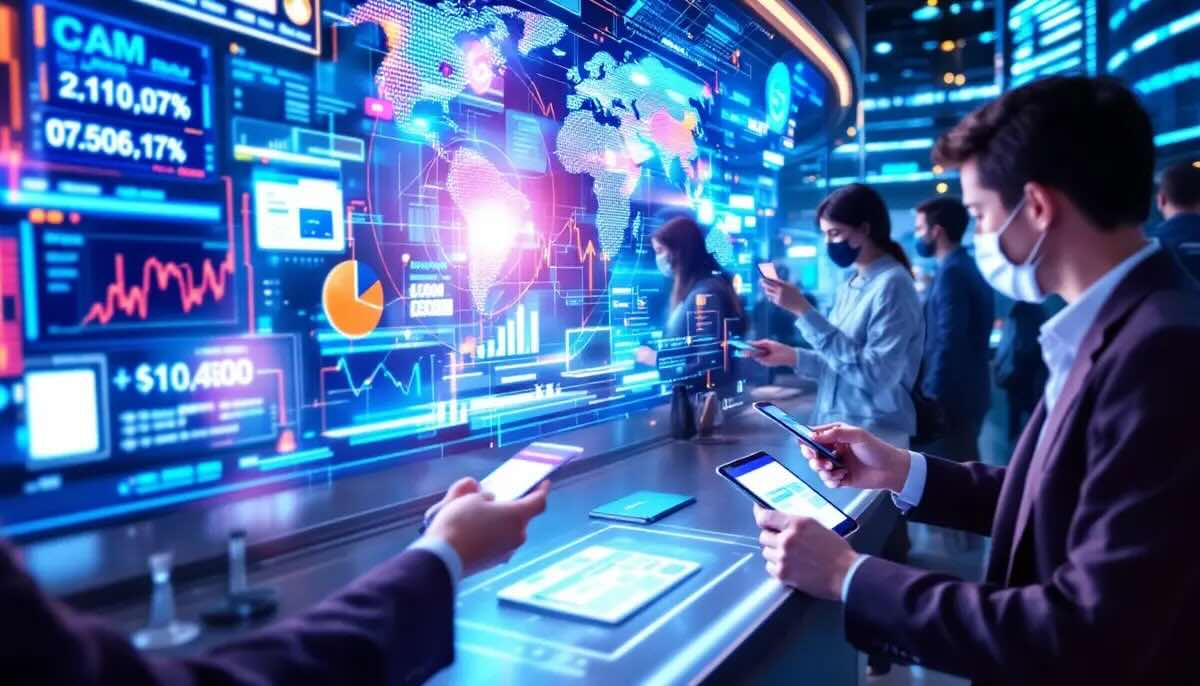 バイビットカードを使う人々と未来的な金融都市の風景