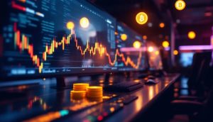 夜の仮想通貨取引所で取引画面が輝いている様子