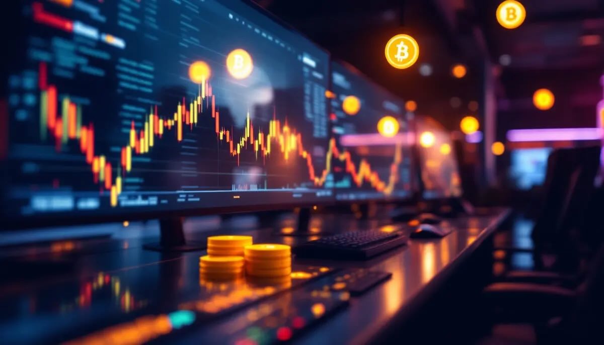 夜の仮想通貨取引所で取引画面が輝いている様子