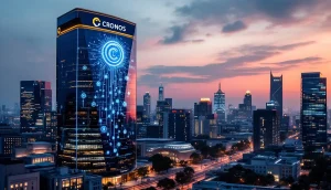 クロノスのロゴと都市を背景にした未来的な金融ビルのイメージ