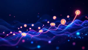 上昇トレンドを示すチャートの上に浮かぶデジタルコインと未来的な仮想通貨取引画面