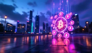仮想通貨市場の盛り上がりを象徴する都市の夜景とデジタルコイン
