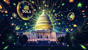 米国議会・SOLXロゴ入り仮想通貨コイン・グリーンなブロックチェーンの合成画像