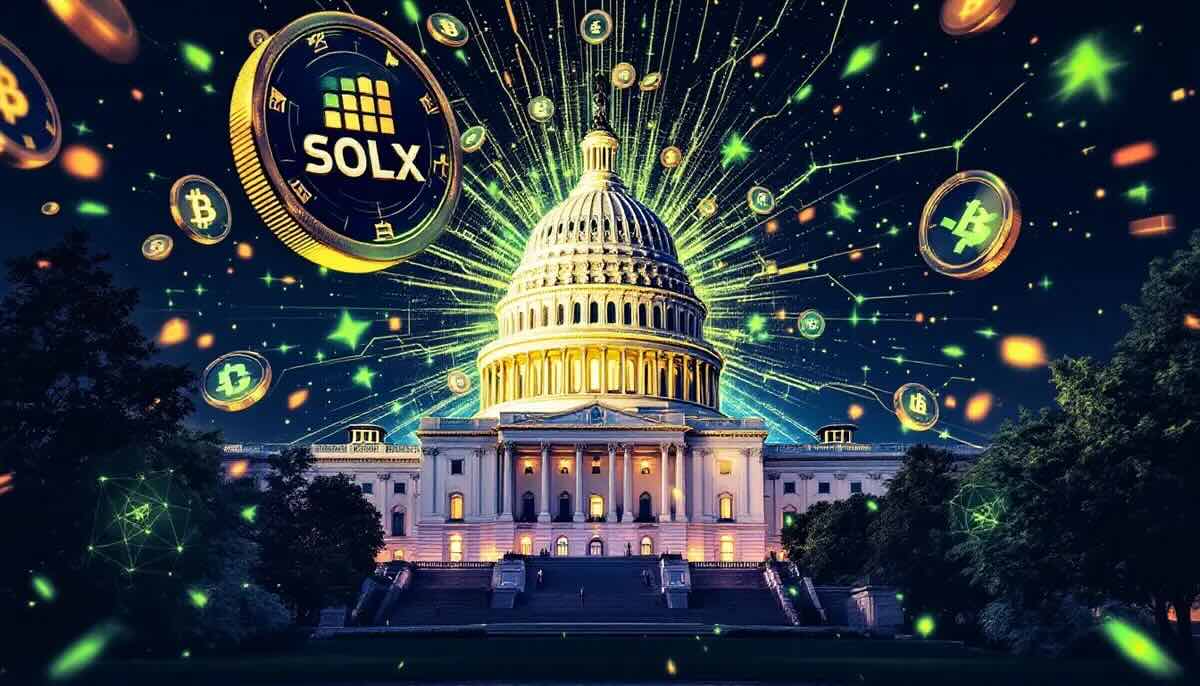 米国議会・SOLXロゴ入り仮想通貨コイン・グリーンなブロックチェーンの合成画像