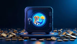 様々な仮想通貨のマスコットが輝く近未来的なデジタル金庫