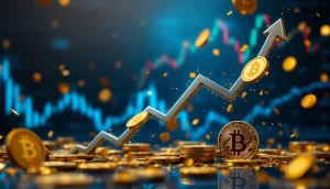 上昇するビットコインシンボルと金融チャートを背景にしたデジタル資産投資のイメージ