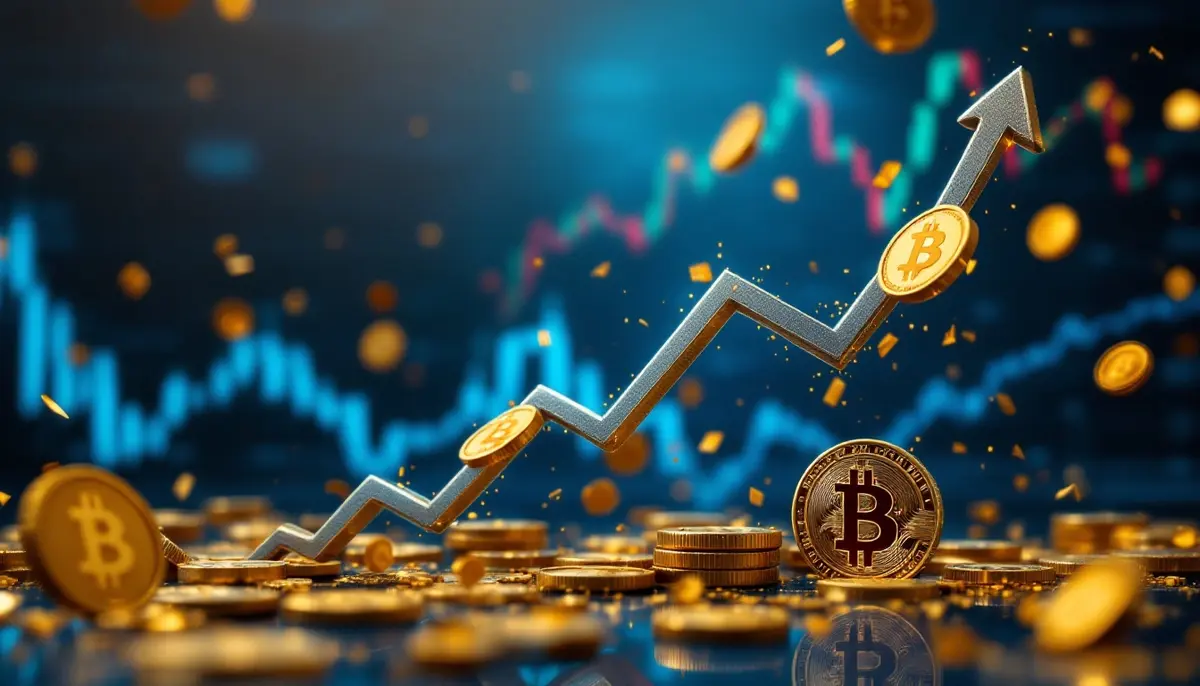 上昇するビットコインシンボルと金融チャートを背景にしたデジタル資産投資のイメージ