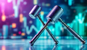 2つの判事のハンマーと仮想通貨を象徴する背景