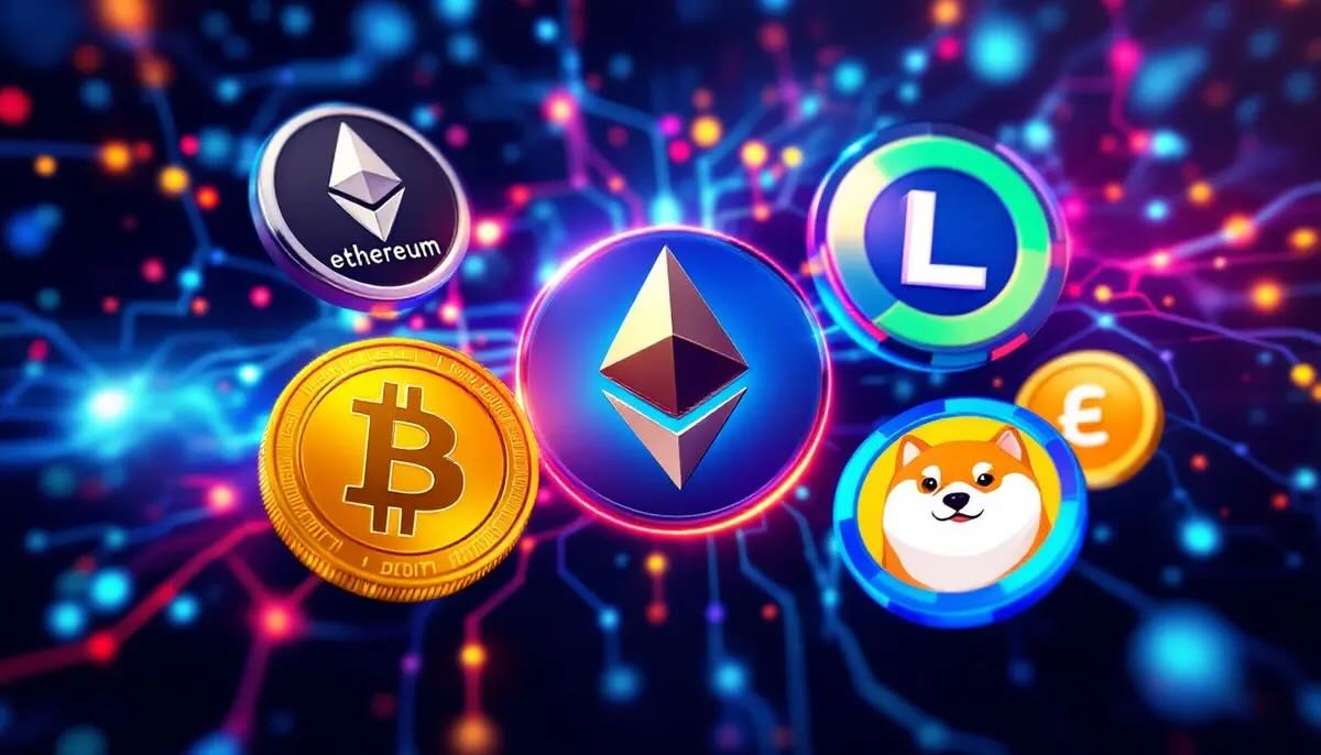 主要な仮想通貨のコインが並ぶデジタルネットワークの背景
