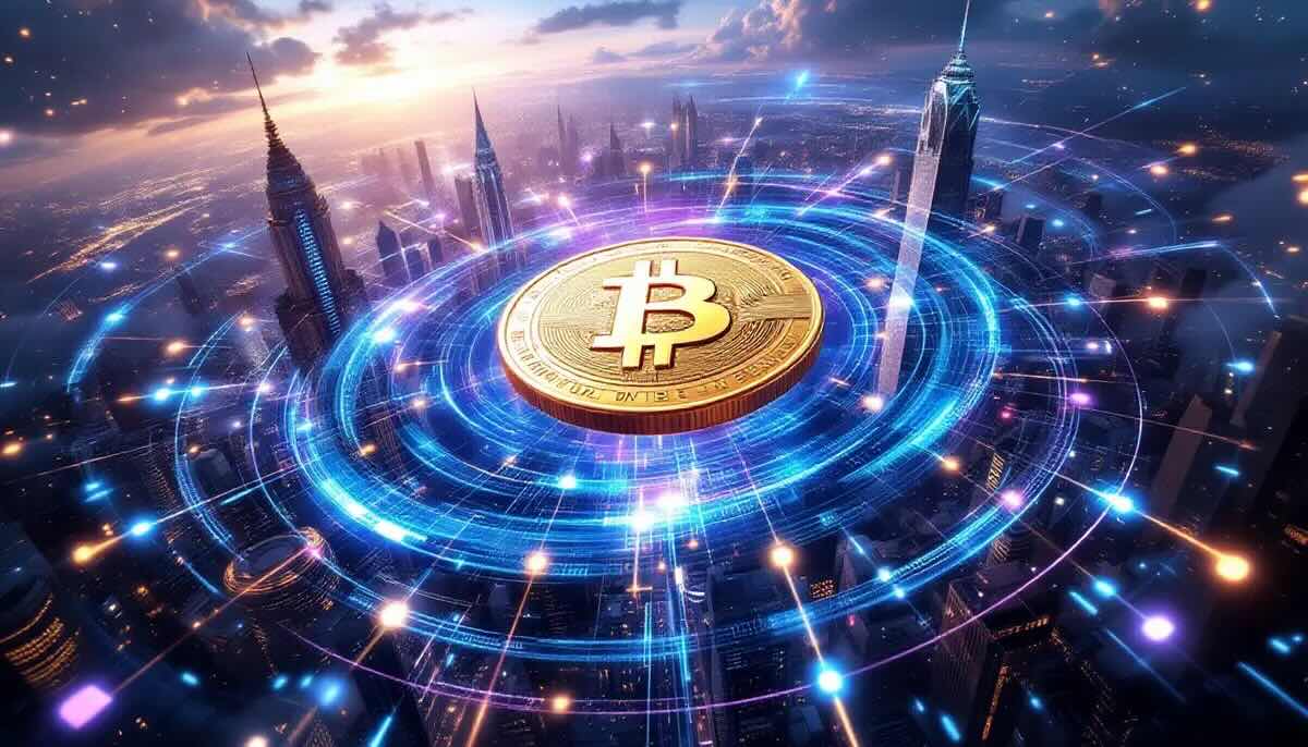 未来的な都市とネットワーク上に浮かぶ金色の仮想通貨コイン