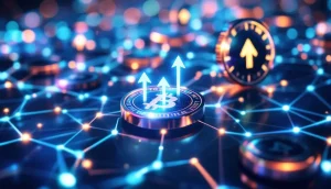 デジタルネットワーク上に浮かぶ近未来的な仮想通貨コインと上昇する矢印