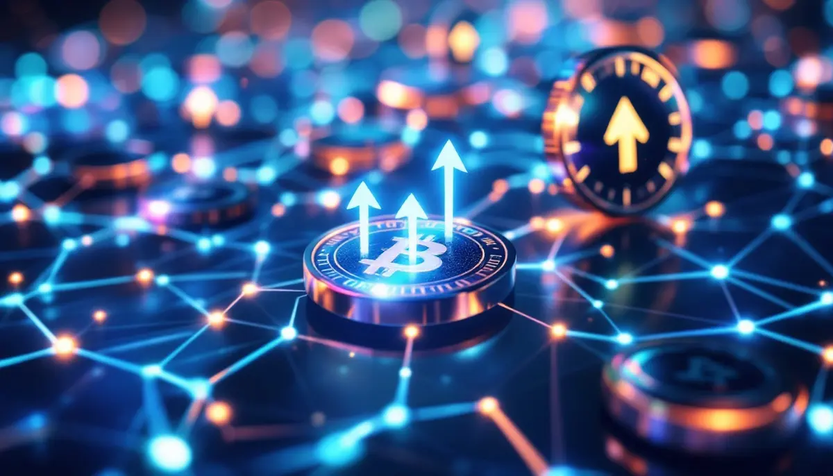 デジタルネットワーク上に浮かぶ近未来的な仮想通貨コインと上昇する矢印