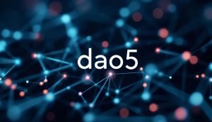 ブロックチェーンと機関投資家の繋がりを示す未来的なデジタルネットワークに組み込まれたdao5のロゴ