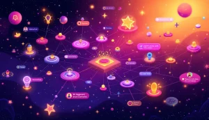 AIエージェントとユーザーの貢献を表す光るノードを持つ、相互接続された物語要素のカラフルなネットワーク