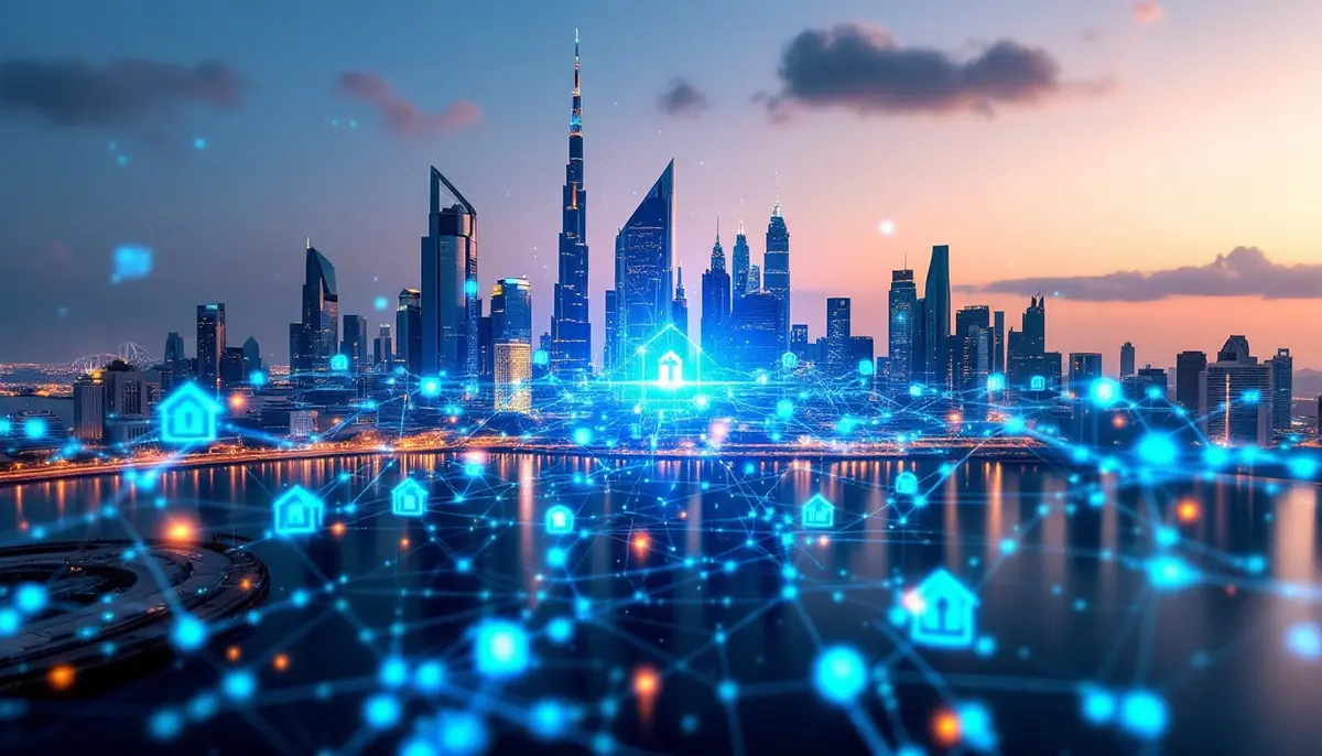 ドバイの近代的なスカイラインとブロックチェーン技術を表現したデジタルイメージ
