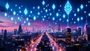 仮想通貨イーサリアムの高騰を象徴する未来的な都市のイメージ