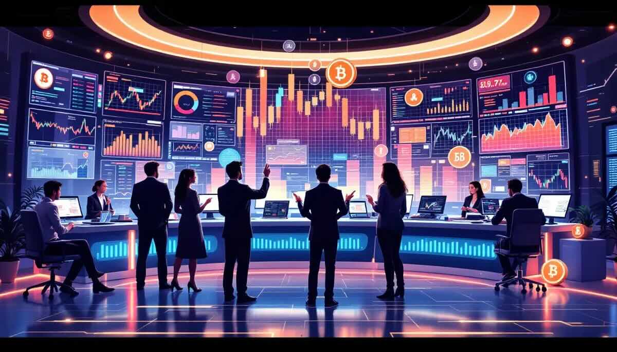 仮想通貨と株式の取引画面を見つめる投資家たち