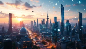 ヨーロッパの都市と仮想通貨シンボルが浮かぶ未来的なイメージ