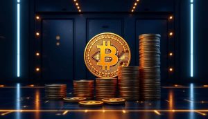 欧州企業のビットコイン保管庫がデジタル資産で満たされていく様子を表す未来的なイラスト