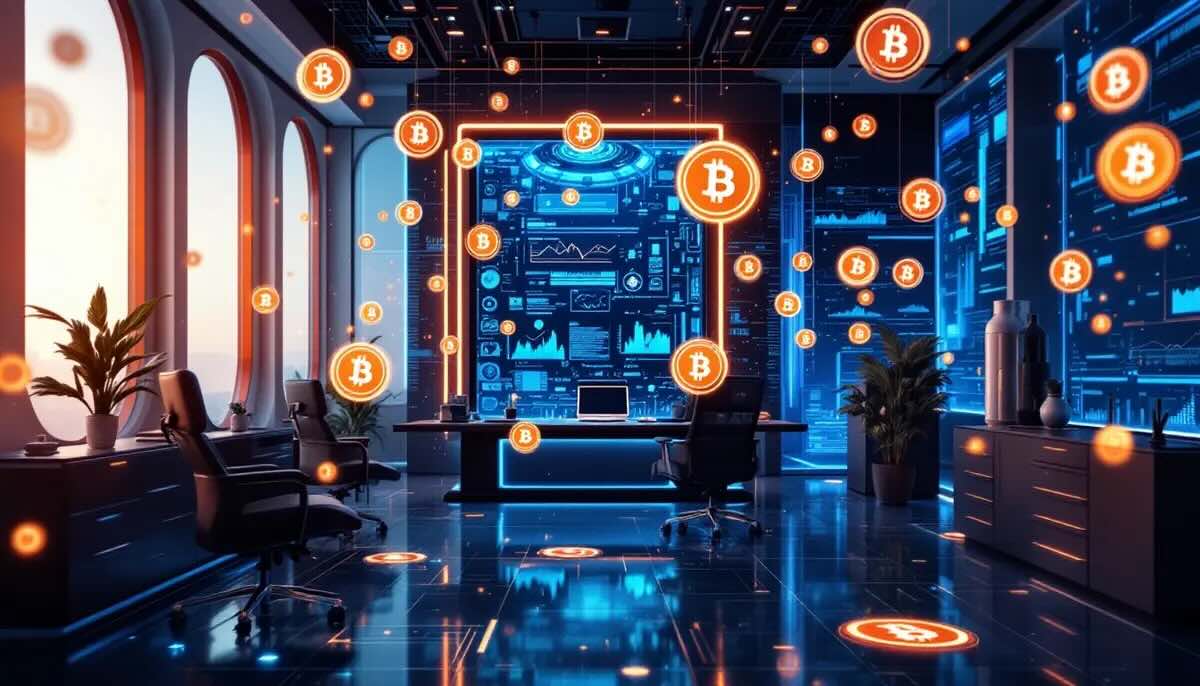 未来的なオフィスでビットコインとAI技術を示唆するデジタルイメージ