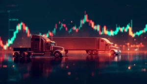 変動する株価チャートを背景にした貨物トラックのシルエット