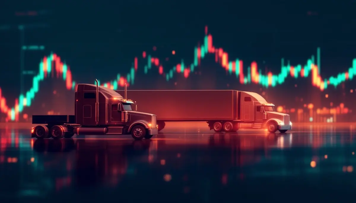 変動する株価チャートを背景にした貨物トラックのシルエット