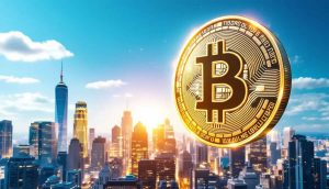 近未来都市と浮かぶ金色のビットコイン